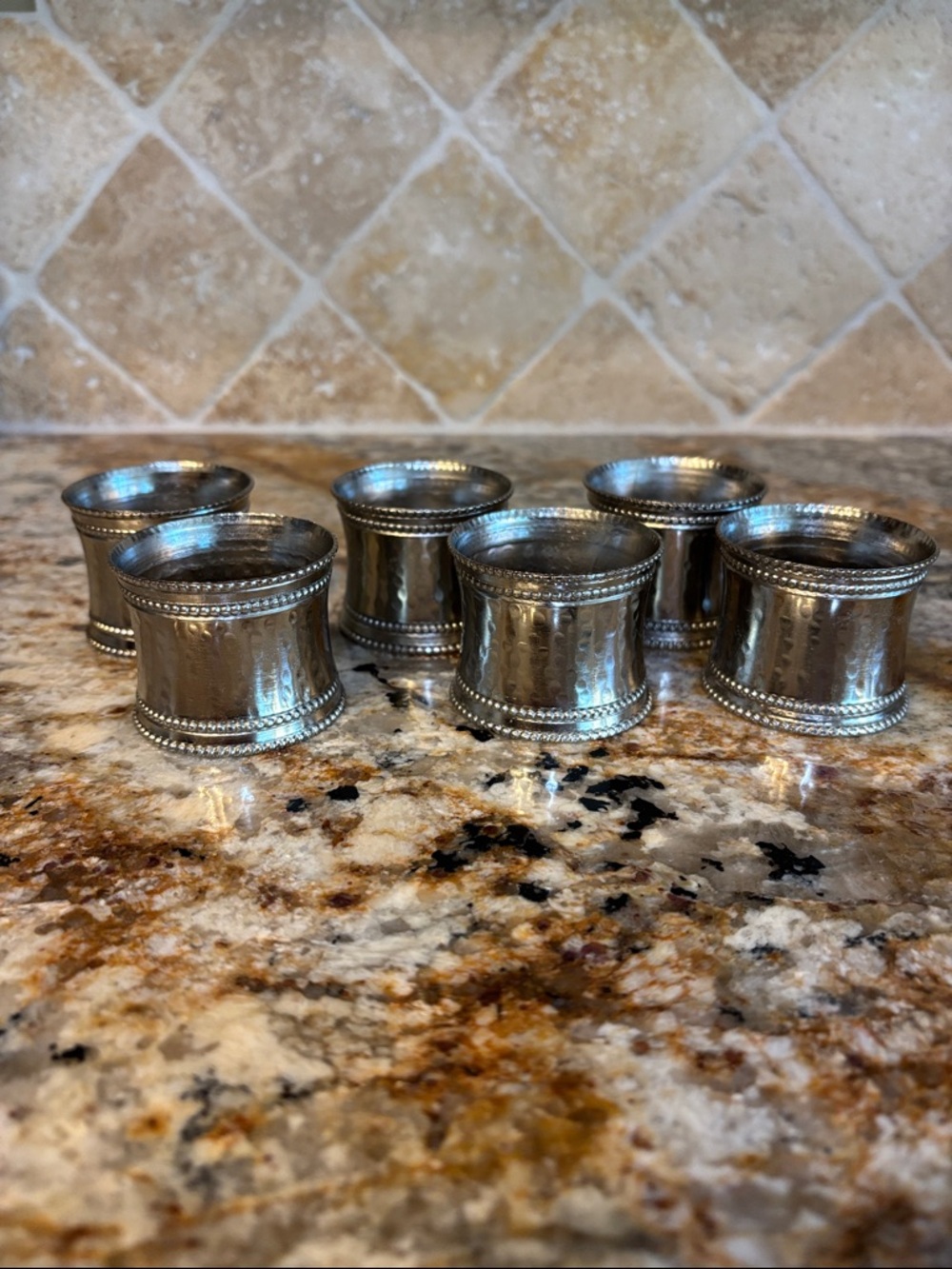 Set of 6 Silver Hammered Metal Napkin Rings with Beaded Edge